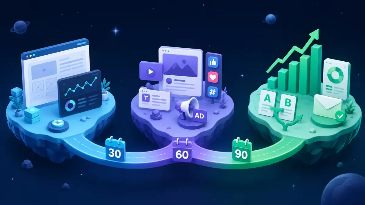 Dijital pazarlamada 30-60-90 gün yol haritasını gösteren modern grafik