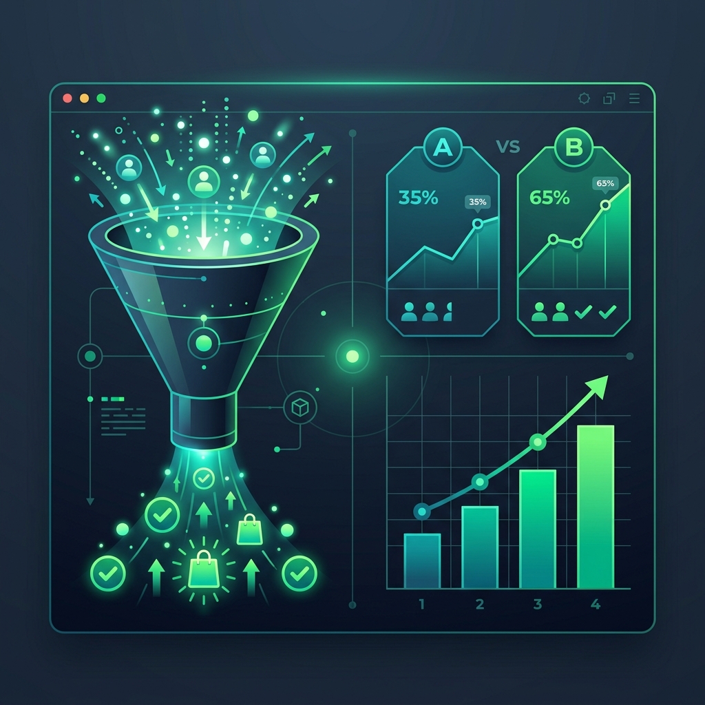Dönüşüm Oranı Optimizasyonu (CRO) ve A/B testlerini sembolize eden dijital illüstrasyon
