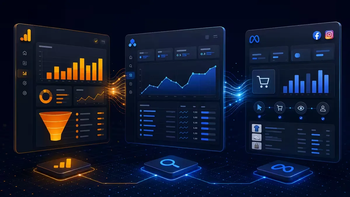 GA4, Google Search Console ve Meta Pixel kurulumunu gösteren modern dashboard görseli