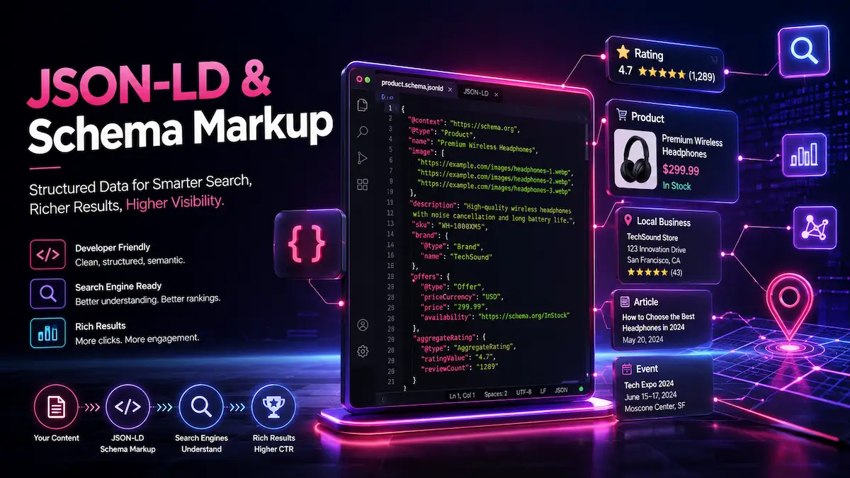 Gelişmiş Schema Markup ve Rich Snippets görselini sembolize eden dijital illüstrasyon