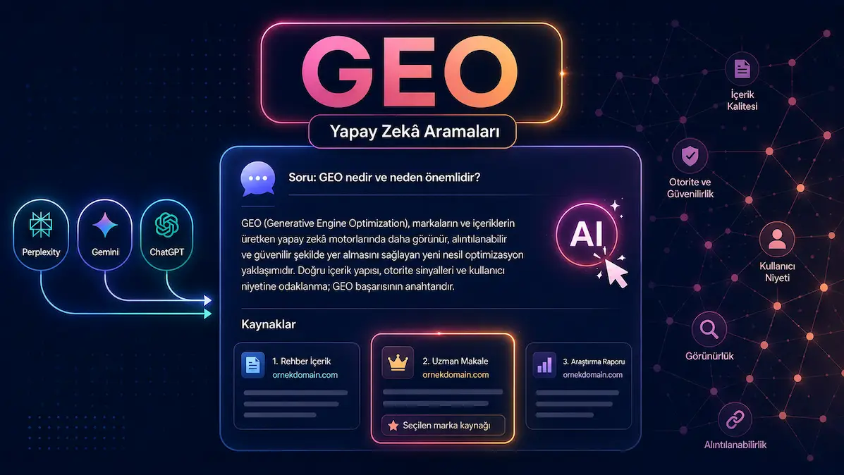 Yapay zeka arama motorlarının markaları kaynak olarak gösterdiği GEO sürecini anlatan görsel