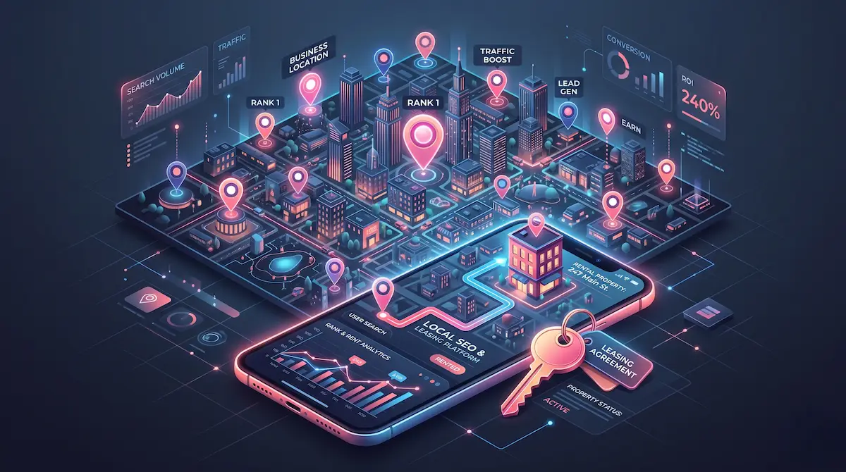 Local SEO ve Rank and Rent modelini simgeleyen harita, lokasyon pinleri ve dijital gayrimenkul kiralama illüstrasyonu