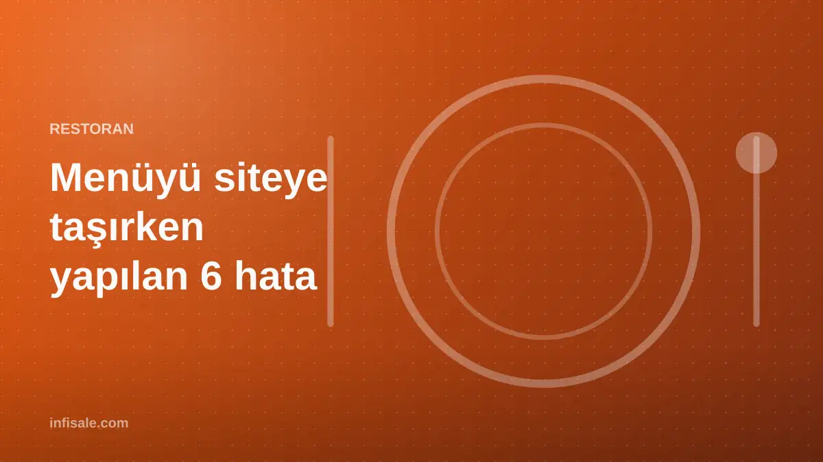 Kapak görseli: "Menüyü siteye taşırken yapılan 6 hata" başlığı, turuncu degrade zemin üzerinde tabak ve çatal-bıçak çizimi