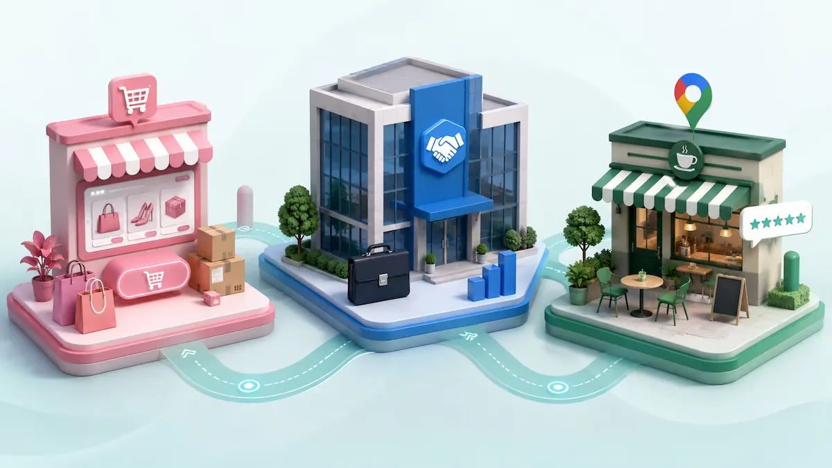 E-ticaret, B2B ve yerel işletmeler için sektöre özgü dijital pazarlama stratejilerini gösteren modern grafik