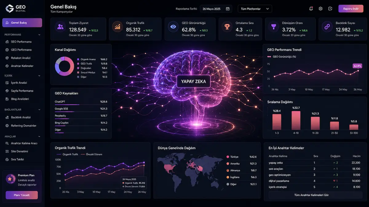 SEO ve GEO performans analiz metriği grafiklerini ve yapay zeka atıflarını sembolize eden dashboard illüstrasyonu