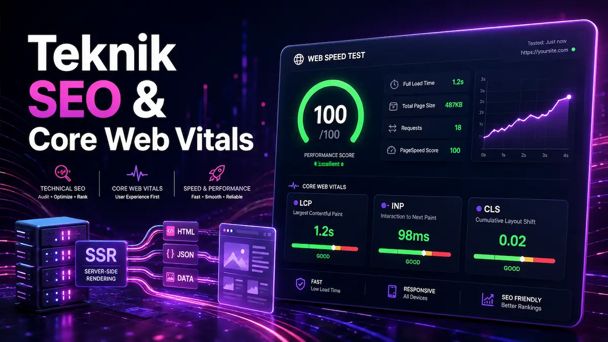 Core Web Vitals ve teknik SEO analiz paneli grafik görseli