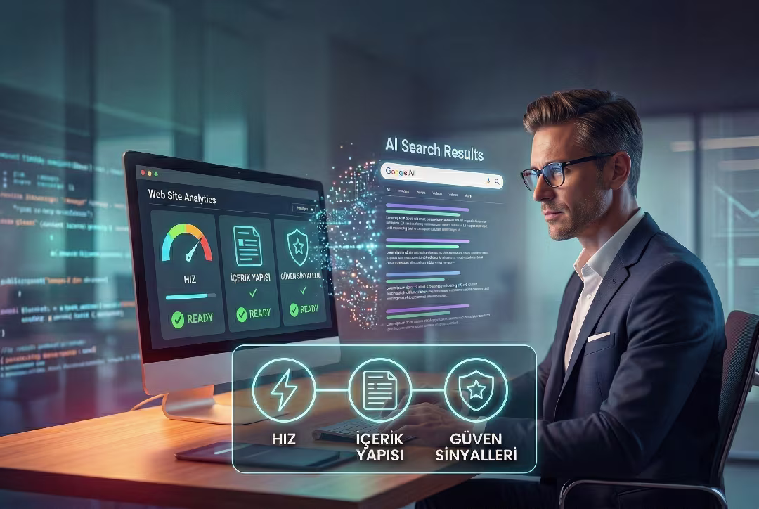 Yapay zeka destekli arama deneyimini temsil eden modern dijital arayüz